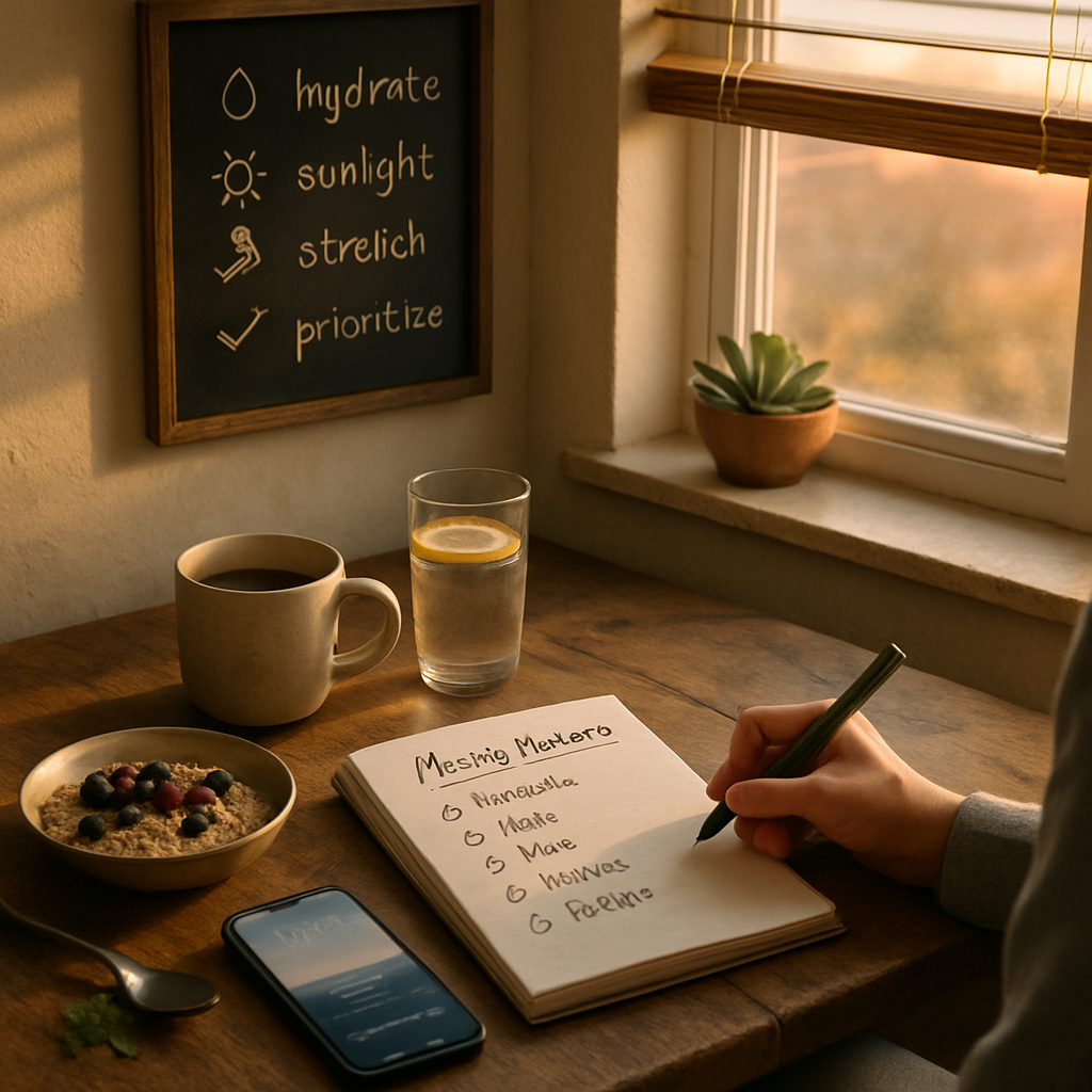 Supporting visual for morning routine tips: healthy breakfast and planning